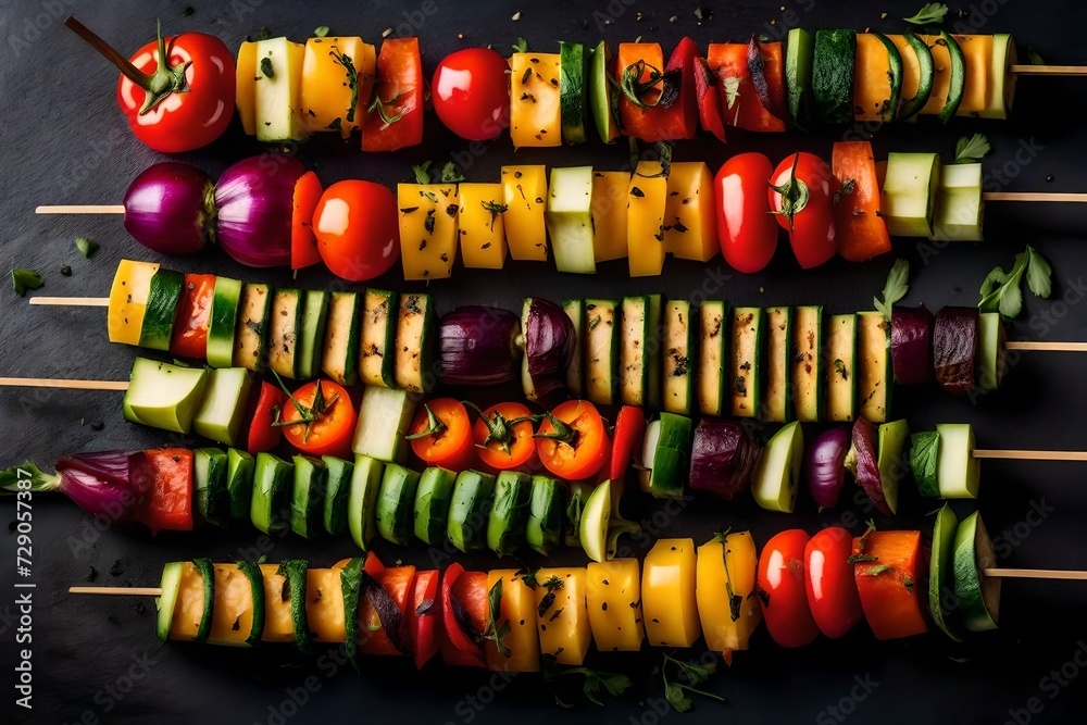 A tower of colorful veggie skewers cooked to perfection.