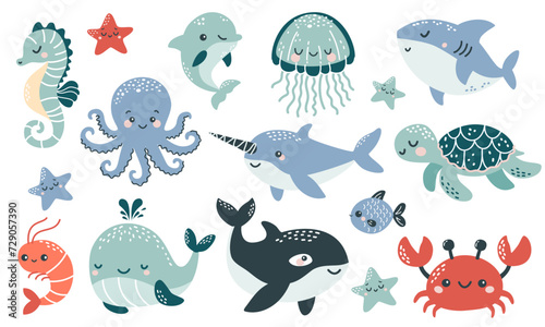 Vector illustration collection in children's Scandinavian style. Orca dolphin dolphin crab jellyfish octopus fish turtle shark seahorse shrimp swordfish. Vector illustration