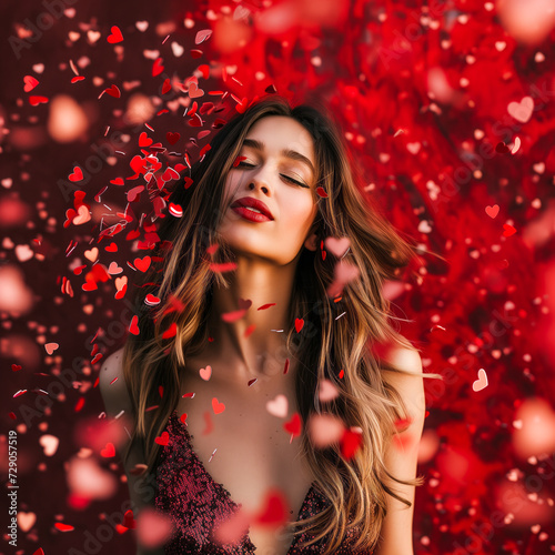 Solo shot of a woman with a burst of heart-shaped confetti