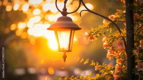 Street lamp and flowers glowing at sunset.