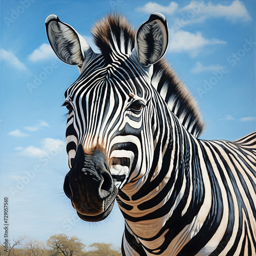 Close-up Portrait of a Zebra in Natural Habitat Under Blue Sky