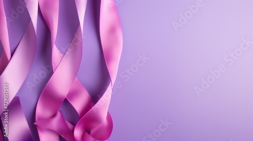 Pink ribbons dance across the purple background, symbolizing festivity.