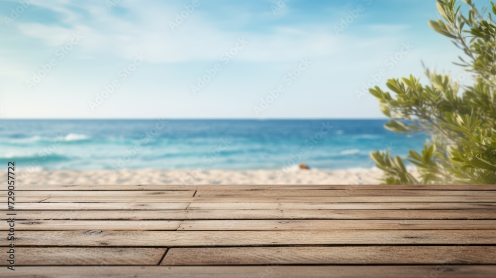 Wooden decking adorns the sandy beach, against the backdrop of the boundless sea and the clear blue sky.