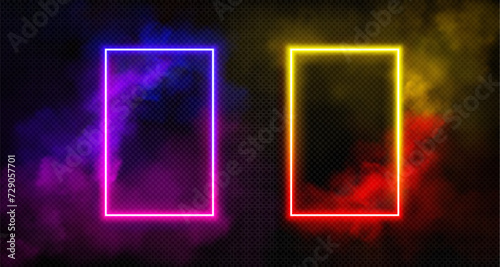 Rectangle neon luminous gradient frame with smoke clouds. realistic vector set of magic fantasy glowing game portal door with bright light border and colorful steam. Casino or night club decoration.