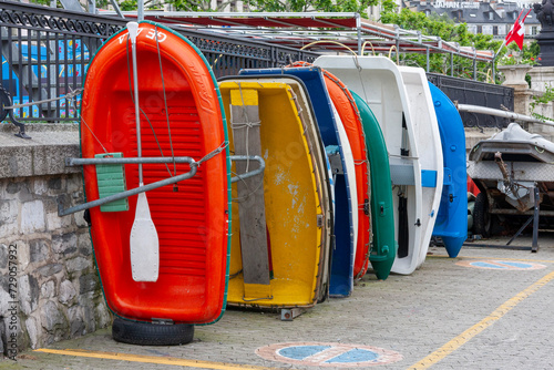 Colourful dinghys on the banks of Lake Geneva, Geneva ,Switzerland