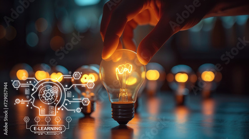 A hand holds a glowing light bulb against a backdrop of multiple bulbs, with e-learning icons suggesting innovative digital education.