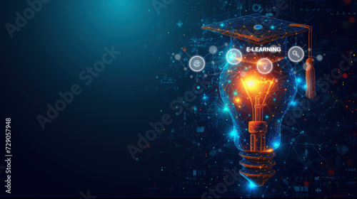 A digital illustration depicting a glowing light bulb with a graduation cap, symbolizing innovative online education and e-learning technology.