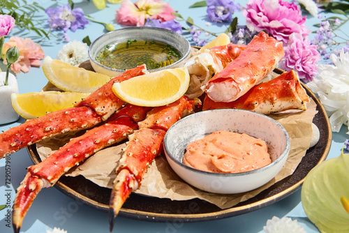 Crab Claws with Dipping Sauces, Surrounded by Pastel and Surreal Floral Spring or Summer Ambience
