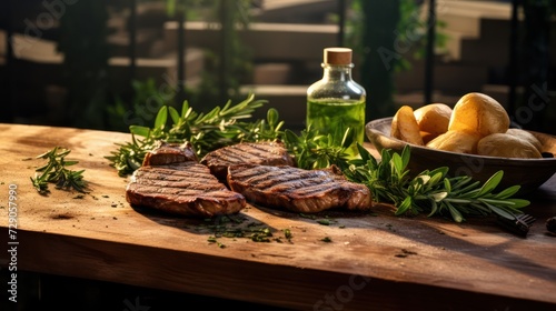 Grilled beefsteak with potatoes and herbs on a wooden table