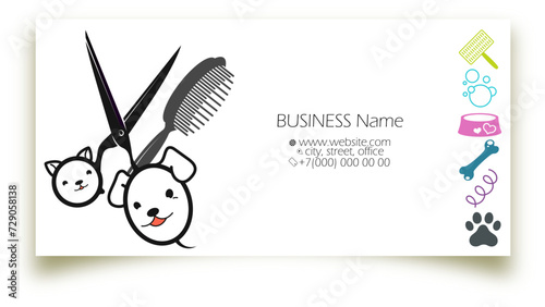 Business card for a groomer and grooming salon. Groomer scissors and cat and dog muzzles