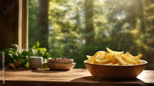 French fries in a white bowl on the windowsill in the evening