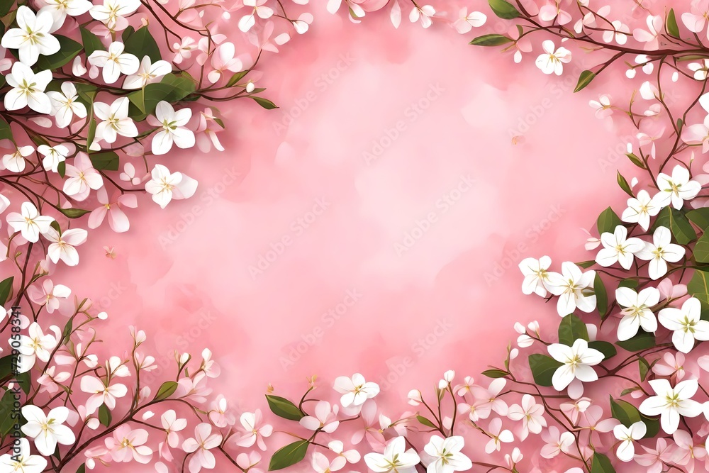  pink background with text copy space in middle with small white branch of the flower at the one side of the corner backgroun view  