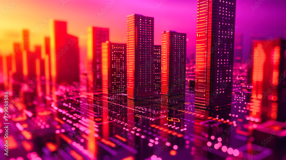 Neon Lit City at Night, Futuristic Urban Skyline, Bright Architecture and Technology Concept, Abstract Design