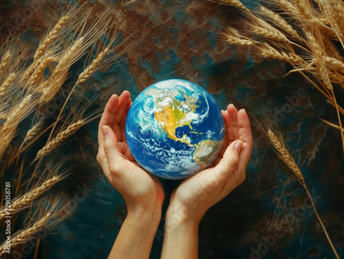 Fototapeta Naklejka Na Ścianę i Meble -  Closeup flatlay overhead of hands holding and caring about the planet Earth on a background full of wheat ears. Hunger in the world.