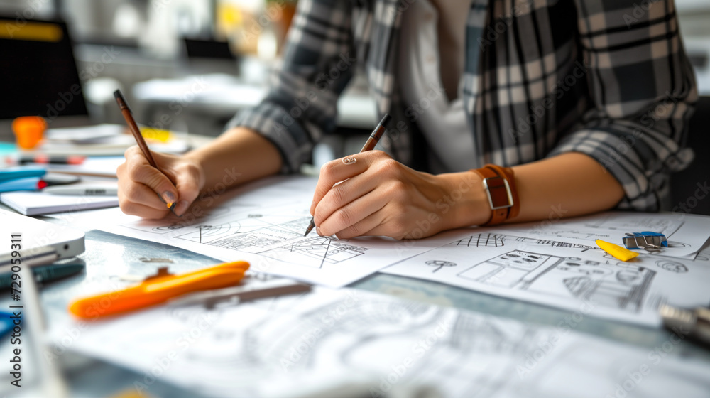 Artistic presentation of a designer immersed in the creative process, skillfully sketching and drawing packaging designs on paper Artistic presentation of a designer immersed in the creative process, skillfully sketching and drawing packaging designs on paper