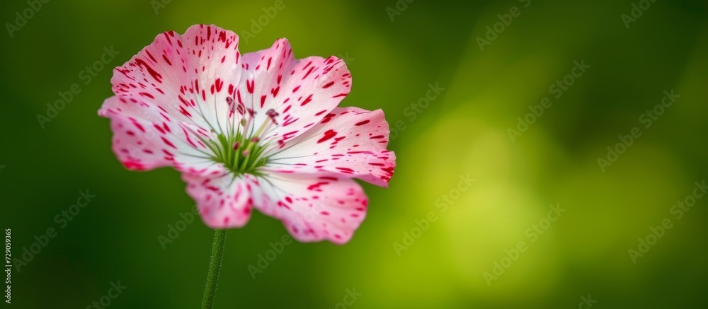 Obraz premium Green background with a pink flower sporting red and white striped petals.