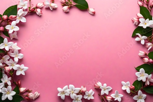  pink background with text copy space in middle with small white branch of the flower at the one side of the corner backgroun view "Tranquil Pink Background: Serene Copy Space with Delicate White Flo