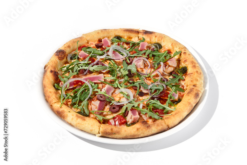 Gourmet tuna and olive pizza in nicoise style on a white background