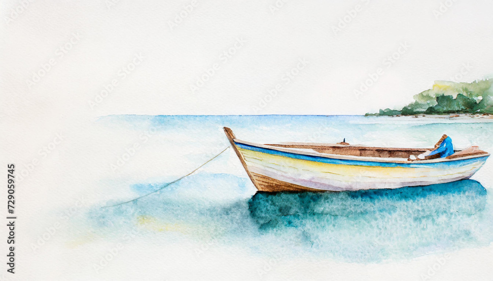 Boat on a light background. Vacation and summer holiday concept, watercolor, illustration