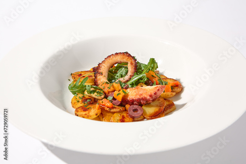 Grilled Octopus Tentacles with Potato Gratin Isolated on White Background