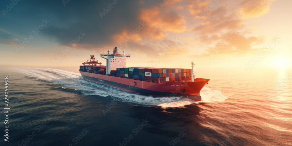 cargo maritime ship with contrail in the ocean ship carrying container and running for export concept - obrazy, fototapety, plakaty 