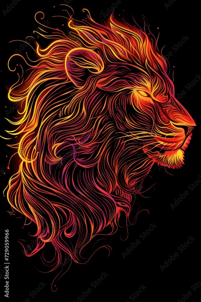Burning lion head line art style isolated on black background Burning lion head line art style isolated on black background