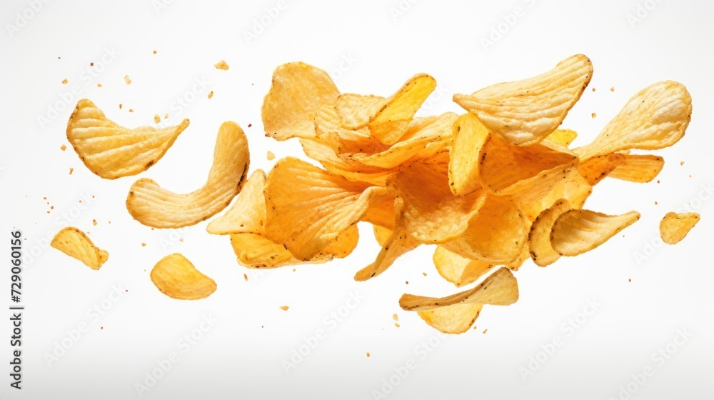 Fototapeta premium Isolated potato chips displayed on a pristine white background.