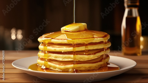 A delicious breakfast of fluffy pancakes stacked high on a plate, drizzled with golden maple syrup and topped with a melting pat of butter