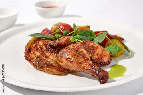 Grilled chicken tabaka with roasted potatoes and sauces, served on an isolated white background, perfect for restaurant menus