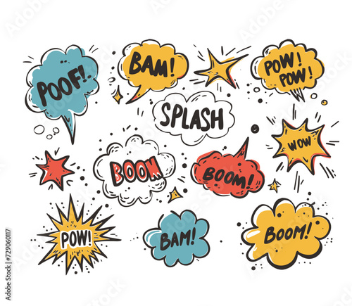 Comic bomb boom vector element. Hand drawn cartoon explosion bomb effect, splash, exclamation smoke element. Doodle hand drawn text boom, pow, wow, POOF, SPLASH. Vector illustration
