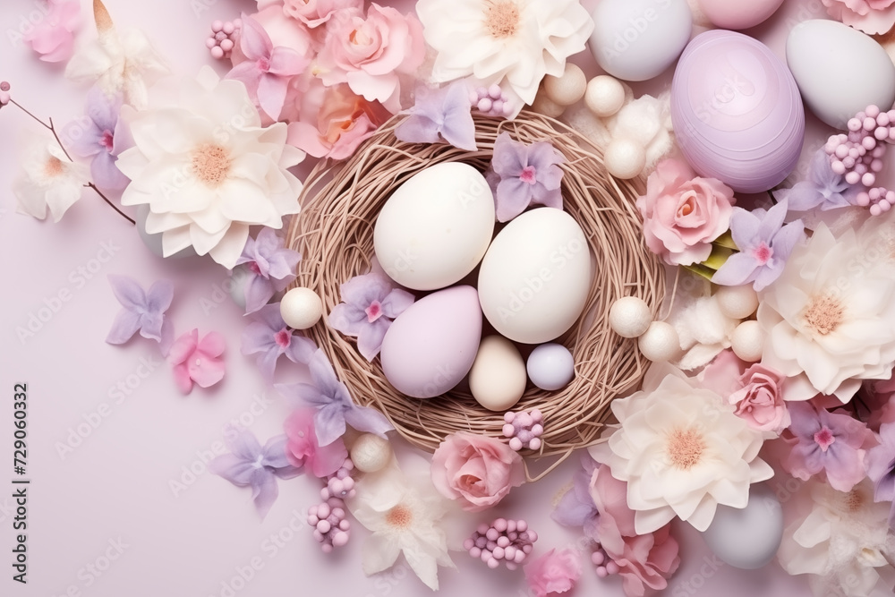 Pink and white Easter eggs in nest with flowers