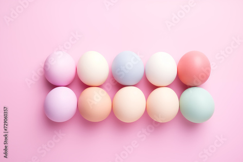 Top view of pastel Easter eggs on pink background