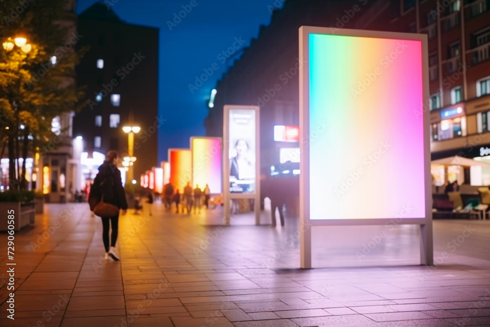 Blurred image of a city street at night with a large blank billboard.