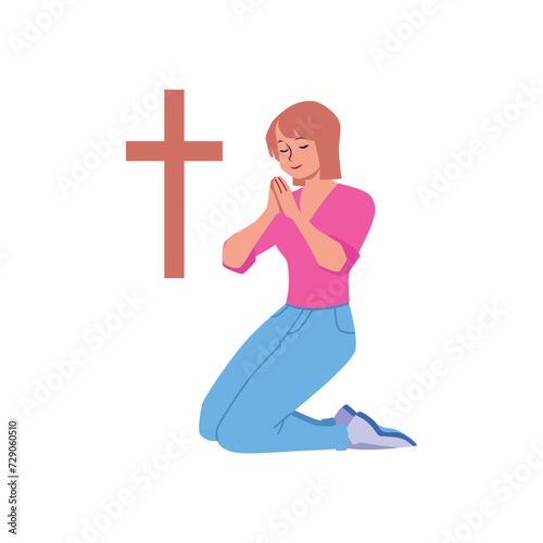Young woman praying on knees with closed eyes and folded hands together in front of cross