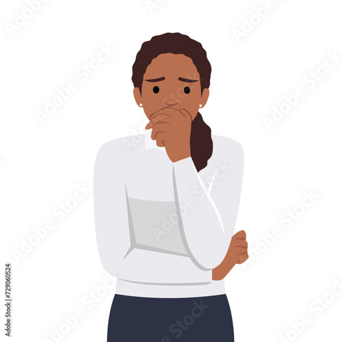 Untitled-1Feeling worried and frustration concept. Young irritated frustrated woman cartoon character standing touching chick. Flat vector illustration isolated on white background