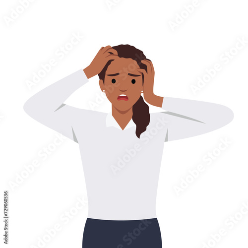 Frustrated young woman holding hands on her head. Scared or shocked girl's expression. Unhappy sad female person screaming. Emotional stress. Flat vector illustration isolated on white background