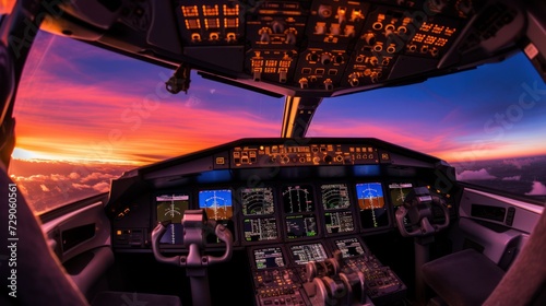 The airplane's cockpit provides a stunning view of the setting sun.