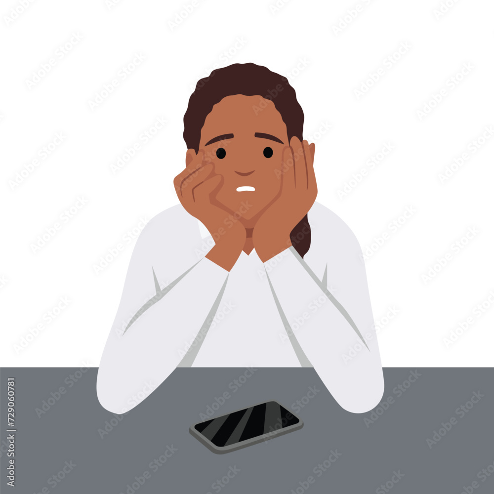 Sad girl waiting for a call or a message on her cell phone. Flat vector illustration isolated on white background
