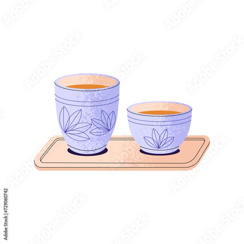 Ornamented pottery cups of green tea. Asian herbal drink in ceramic mugs. Teacups of oolong, puer on tray. Traditional oriental hot beverage. Flat isolated vector illustration on white background