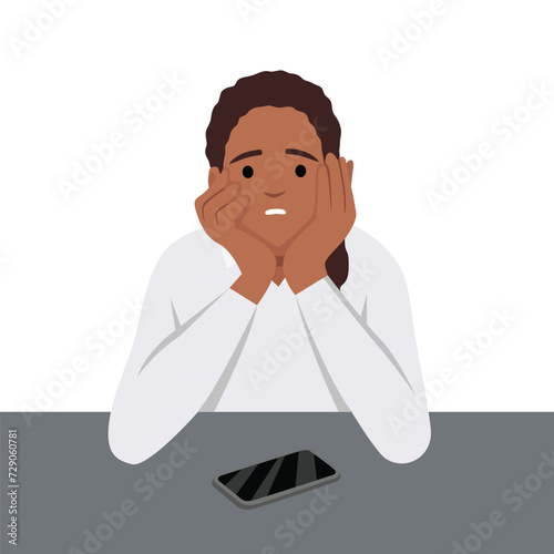 Sad girl waiting for a call or a message on her cell phone. Flat vector illustration isolated on white background