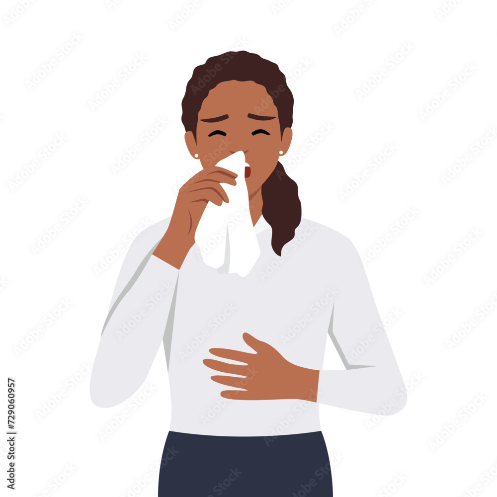 Vector flat young sick girl suffering from rhinitis, holding napkins, facial tissues, blowing her nose, sneezing. Flat vector illustration isolated on white background Vector flat young sick girl suffering from rhinitis, holding napkins, facial tissues, blowing her nose, sneezing. Flat vector illustration isolated on white background