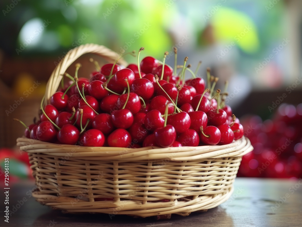 fresh cherry in basket on market background day light