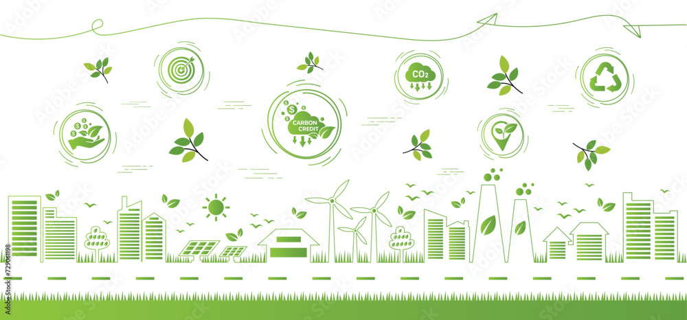 The concept of carbon credit with icons. Tradable certificate to drive industry and company to the direction of low emissions and carbon offset solution. Green vector illustration template. - obrazy, fototapety, plakaty 