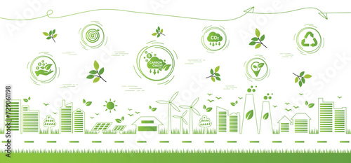 The concept of carbon credit with icons. Tradable certificate to drive industry and company to the direction of low emissions and carbon offset solution. Green vector illustration template.
