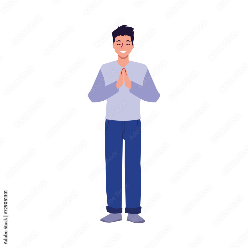 Praying young happy man putting palms together, vector Christian religious believer praying to God faith Praying young happy man putting palms together, vector Christian religious believer praying to God faith