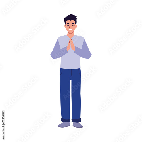 Praying young happy man putting palms together, vector Christian religious believer praying to God faith