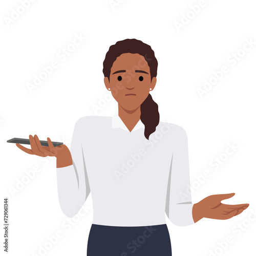Young puzzled woman gesturing do not know and holding smart phone in hand. Oops, question, doubt, i don't know. Human emotion and body language concept