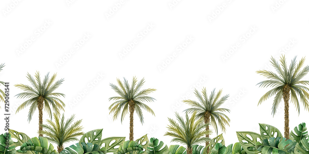 Palm trees, tropical leaves and bushes horizontal seamless border with jungle forest nature and exotic plants isolated on white background