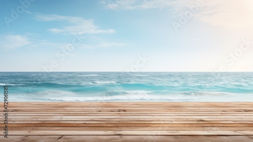 Wooden platform rests peacefully on the shore  offering an unobstructed view of the sea and the endless blue sky.