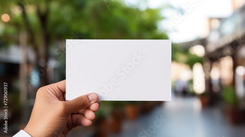 Hand presents a blank card, offering a mock-up option for branding identity.